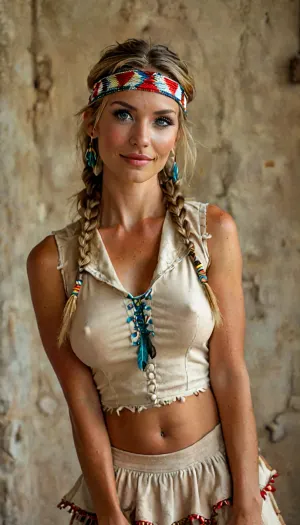 score_9, score_8_up, score_7_up, gorgeous, busty, athletic, movie_star, 1woman, chiseled_features, (classic_features), 35 years old, gold_brown_hair, blonde_highlights, ((dressed in a “sexy American Indian” costume)), ((not nude, nipples and bush covered)), (two long beaded braids in front), (Native American headband with one big feather pointed upward), (snug frilled tan leather vest over large naked breasts), (short frilled tan leather skirt), (Native American jewelry), flawless_skin, creamy_complexion, ((pale skin)), sexy, (pinup), ((retro_pinup)), striking_eyebrows, long_eyelashes, mascara, eyeliner, eye_shadow, blue_eyes, big_eyes, expressive_eyes, detailed_face, perfect_teeth, solo, realistic, large_breasts, D_cup, natural_breasts, hanging_breasts, perfect_ass, looking_at_viewer, smile, in_studio, interesting_background, standing, professional_makeup, navel, moist_lips, from_below, angle_from_below, low low angle, but, braless, Wearing, clothes, that, make, sense, with, Braless>, <lora:add-detail-xl:2>, <lora:BUT_SDXL_SHS:.3>, <lora:bralessSDXL_v1_00022:1.3>, <lora:style_lora_realis:2>
