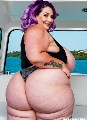 (55 year old milf:1.4), (Caucasian woman:1.45), (pale skin:1.4), (looking back at the viewer winking:1.1), arms on sides. She has, (lavender messy hair:1.3), . Wearing, (black tank, arm tattoo:1.2), ., (wrinkles:1.7), cellulite, (fat woman, average face, curvy waist, very fat thighs:1.55), (very giant ass:1.45), in yacht. portrait.
