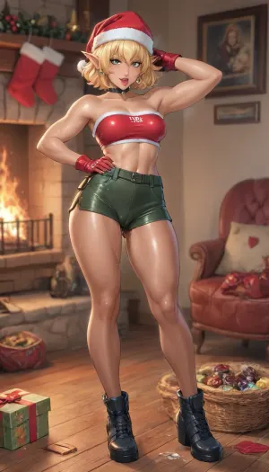 (reiq art style, masterpiece art style:1.1), (beautiful muscular mito ikumi from shokugeki no souma:1.6), green eyes, blonde hair, short hair. tan-skinned, (gyaru skin:1.4), 1girl, solo, alone, muscular arms, sexy figure, and wide hips. muscular legs, thick thighs, round ass, (muscular body), (lustful face), (Christmas), (fireplace), (standing lustfully porn posing:1.5), (dripping droll licking a Christmas chocolate candy:1.3), (combat gear elf hat costume:1.3), (tight combat gear mini tubetop:1.3), (combat gear pantyhose:1.3), (combat gear Low Rise booty shorts:1.3), (combat gear gloves:1.3), (combat gear bely:1.3), (elf gear shoes:1.3), (camel toe:1.4), (sweaty dripping heavily off over body:1.3), (body Sweaty:1.6), (cum thick dripping coming excessive out of pussy:1.4), hardcore, perfect fingers, A masterpiece of the highest quality, the work of a real master, bouncing breasts, bouncing ass, seductive, seductive eyes, black choker, steam, sweat, full body in view, <lora:cartoon_stickers_xl_v1:.1>, <lora:hentai_anime_style_xl_v1:1.2>, <lora:nier2b_agnxl4:1.2>
