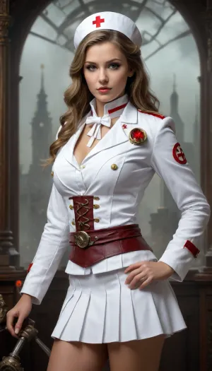 Fantasy art sfumato Lee Bogle Boris Valeggio Girl in Nurse Costume android Steampunk White jacket Short White skirt Festive New Year Magic Fantasy