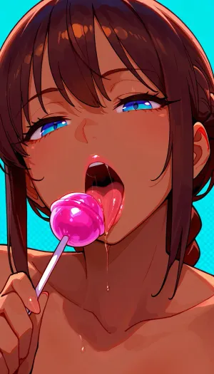 1girl, blue eyes, brown hair, sidelocks tied back, one braid, dark-skinned, close-up, solo, tongue, food, saliva, open mouth, candy, abstract background, large lollipop, tongue out, aqua background, lips, hand up, holding, looking at viewer, licking, seductive, half-closed eyes, <lora:SDXL Detail:.8>