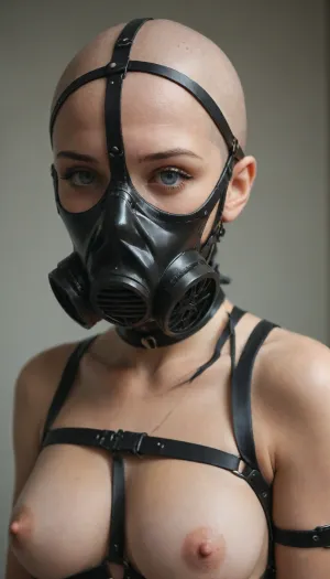 women, alone, 2/3 view, ((bald head)), naked, Rubber Gas mask, head harness, Gas mask is fixed to the head with many straps, (one strap vertical between eyes from head harness to gas half mask), large mask, mask covers chin, mask covers cheek