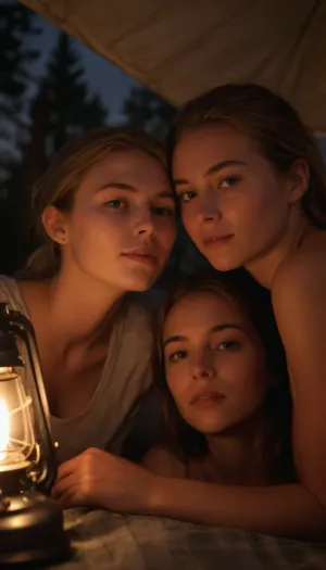 A highly detailed, photorealistic scene of two nude 20 year old friends camping at night. The viewer is positioned right in front of the tent, allowing a close-up view of the two girls touching each other peacefully inside the tent, (the warm glow from a lantern illuminates their faces and details:1.7), such as their hair, skin, and sleeping bags, are captured in high resolution. Through the partially open tent flap, the starry night sky and silhouettes of trees, along with the peaceful presence of deer in the background, are visible. The composition balances the intimate details of the girls with the enchanting, tranquil ambiance of the natural surroundings, creating a serene and immersive nighttime camping experience, (ziprealism:1.3), ultra-sharp details, realistic skin texture, refined contrast, 8k detail, authentic facial expression, clean composition, (maximum photo quality:1.4), (maximum resolution:1.5), CUM, DONATION, ASSISTANCE, FELLATIO, TITS, SEX, HANDJOB, FOOTJOB, AFTER, VAGINAL, <lora:Portrait_perfection:.8>, <lora:CUM DONATION ASSISTANCE:.8>