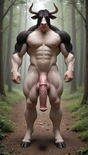 1solo furry humanbull, furry bull, solo, full body view, front view, full figured brown big anthro furry bull exposes its self, in the forest, huge knotty cock, big ass, wide open asshole, hard erection, full exposed, hooves, horse phallus, horse penis, equine cock. Bovine humanoid. Horns. White fur. Bulky. Oversized muscles. Body builder. Muscles. Body covered in white fur with large black spots. Cow colors. Flared cock. Bulky. Cow tail. Bulging veins muscles. Black fur spots.