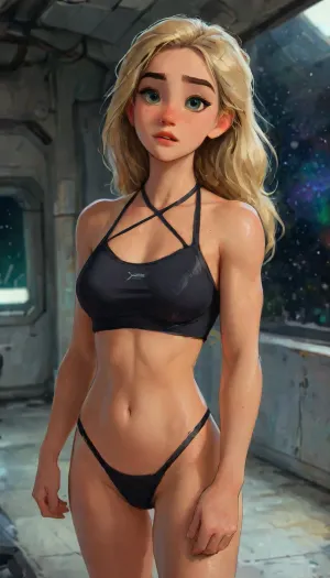 eva elfie, woman, female, mature 25 years old, long blonde hair, messy hairstyle, green eyes, freckles, uggly, wearing cross over halter neck cross over crop top, abs, jogging bottoms, sneakers, eye contact, cyberpunk, in space, dark starship, uggly window, stars, high detailed, close to face, portrait, perfect anatomy, 8k, insane details, intricate details, hyperdetailed, hyper quality, HDR, ray tracing reflection, cinematic lighting, highlydetailedbody, realisticface, highlydetailedhair, perfectfingers, insanelydetailed, 8K.highdetailedskin, highresolution, (j_cartoon:1.5), Drawing, uberfit, muscular, athletic, evaelfie, <lora:evaelfie_XLv1:2>, <lora:detailed_notrigger:2>, <lora:samdoesarts1.1-000030:.4>, <lora:J_cartoon:.3>, <lora:Animated_Concept:.4>