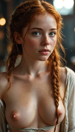 Art style, soft light. A 25-year-old redheaded girl, she shows scraps of authentic light armor exposing her breasts and wet pussy, she has a lot of freckles and long braided red hair, she is shy, She looks at the viewer, her eyes are filled with a mixture of innocence and lust, clearly enjoying the power she has over him at this moment, her sexy body and small breasts create a tantalizing contrast ., bl0wj0b, d0ub13_bj, elaborate facial details \ night, artfshnshtr, <lora:MJ52:.5>, <lora:EnvyBeautyXL11:2>