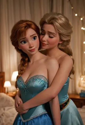 (slumber party), (slumber party embrace), (Princess Anna and Princess Elsa), (frozen), ((Princess Anna hugging Princess Elsa)), (fake tits), (round breasts), bra and panties, high detailed skin, 8k uhd, dslr, high quality, detailed skin texture, highly detailed hair, sharp body, highly detailed body, realistic, soft focus, insanely detailed, highest quality, skin pores, skin imperfections, (bedroom:1), full body view, seductive, sexy legs, high resolution photography, friendly, flirty, ((Elsa hugging Anna)), blurry background, Bokeh, (embracing)