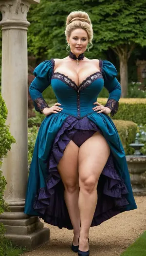 Curvy Victorian woman, (gigantic breasts, wide hips, thick thighs), Swedish, blonde hair bun, bright blue eyes, 37 years old, (((intricate Victorian dress))), hourglass figure, long chubby legs, firm thighs, milf body, milf face, wrinkles at eyes, facial age wrinkles, (masterpiece, best quality, realistic, detailed:1.1), slutty, cougar, promiscuous aunty, huge sex drive, slutty smile, high quality, very giant breasts, perfect huge tits, new england, luxury, old money, conservative, hamptons, posh, ivy league, rich, very realistic, best quality, highly detailed, OverallDetail, The scene is set around an exquisite english country garden, <lora:milkers_v2:.8>
