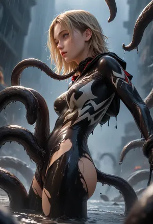 side view, low view, Black Tentacles with hands on the tips everywhere, raining black slime, asymetrical, (Spidergwen covered in black oil, ripped suit, skin disappearing, hands transmuting into tentacles, body is partly turning into Venom, melding together with the black slime, laying down partly submerged in black slime like quicksand), . Black Tentacles rising from the bottom, held down by 4 Black Tentacles, submerging in black slime like quicksand, Black Tentacles grabbing vagina, Black Tentacles grabbing neck, chocking, exstatic, black slime everywhere, pulling her down, she is reaching out, try escaping, lightning, sparks, explosions, metal parts, fighting eachother, Venom byting her face