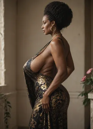 1980s, side view, side boob, (mature:1.2), (stunningly beautiful ebony black African woman:1.3), woman of color, Afro, (huge natural sagging soft tits:1.1), (tight flower dress that's open at the sides, with narrow bands holding the front and back of the dress together:1.1)