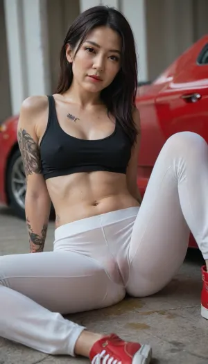 professional photo shoot in modeling style, 45 years old, (MILF:1.5), (asian:1.9), in a black tank top, (white pants), (cameltoe:1.7), (pee dripping:1.3), red sneakers, (tattoo on her arms:1.7), Chinese, (tattoo on her right eye:1.5), realistic, sharp focus, high resolution 8k, insanely detailed, intricate, elegant, summer day, (sitting a red Ferrari:1.6), (small perky breasts:1.7), and very beautiful, very long black hair