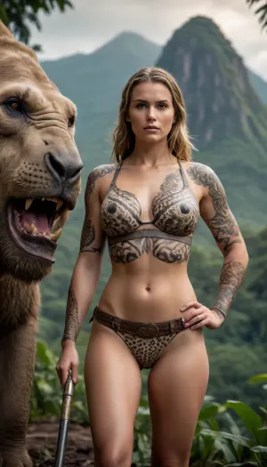 Athletic white girl wearing animal skin, hunting with warrior, in jungle, mountain in background, gigantic breast, tribal tatoo on body, mamouth in background
