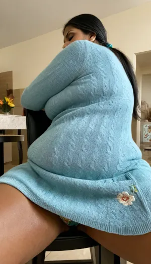 candid, voyeur, (Realistic:1.4), teal cashmere Sweater Dress, very long black hair, heavy indian jewelry, bangles, sitting back, front view, low angle, ((closeup)), subtle upskirt, (traditional Mature south indian mom:1.4), (dark brown skin:.9), (hairy crotch:.4), sitting on a plastic chair, in waiting room, (floral print panties), cheap motel room, heavy eye liner, looking away, (averted eyes:1.2), chunky hips, pudgy belly, fat and ugly, <lora:set4:.8>, <lora:EnvyZoomSliderXL01:.8>, <lora:epiCPhotoXL:.8>, knitted, sweater, dress, tight, <lora:BT_Knitted_Sweater_Dress_XL:.8>