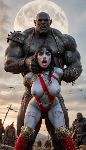 (vampirella:1.32), ((Vampirella is a tall, pale woman with a mane of raven-black hair and green eyes. Her look is that of a skimpy, red sling bathing suit barely covering her nipples and genitalia, with a golden bat emblem over the crotch. She wears an upturned white collar at her neck, long, high-heeled black boots, and a golden bracelet on one arm)), female drow elf barbarian, (blue skin:1.82), tall, angry, busty, curvy, thin waist, big boobs, big butt, slim, fit, vitiligo, strong, fur pelt armor, dungeons and dragons, purplish blue skin, black and purple hair, Dark, Elf, Warrior, Drow, tattooed, scarred, purple eyes, blue skin, amazon, giant, fur barbarian armor, bloody, blood spatter, bear, bear heart, (in a bloody filed after a battle, white full moon in the sky:1.4), (man is choking her from behind:1.2), ((hogtied, bound with large chains, crucified to a torture table, spikes through hands:1.3)), (torture:1.32), (large sharp sword in anus:1.12), cock in mouth, (brutal face fuck), Blowjob, (tears in eyes:1.5), (running makeup), (cum drips from nose:1.3), (cum drips from mouth:1.3), ultra hd, photorealistic, hyper gigantic large black cock in mouth, (((hyper gigantic large black cock in mouth:1.3))), gangbang, double anal penetration, anal spitroast, groupsex, deepthroat, (4 gigantic African black brute thug, huge trunklike arms, huge head, hyper muscular body, dressed in slave clothes:1.32), ((hogtied, bound for sex, tied up)), (((hyper gigantic large white cock in mouth:1.3))), (pulled nipples:1.2), nipple clamps, (((spitroast))), (((hyper large cock in mouth:1.3))), screaming, shocked, deep anal penetration, Uber realistic, 8k, ultra detailed, masterpiece, arched back, detailxl, 35mm photograph, film, professional, 4k, 1girl, 5 boys, hdr, photographic, ultra realistic, ultra high details, back light, (front view), (dynamic pose), best quality, incredibly lean body, anal sex, with large muscular black men, gargantuan black cocks, large hyper muscular fat old men, (double anal sex), swollen white veiny cocks, (double anal penetration), hardcore double penetration, proper physics, big white cocks, muscular white double anal gangbang, (forceful penetrations), extremely graphic, beautiful hands, ((gangbang_rape, doubleanal_rape, arms_behind_head, nsfw:1.24)), (hyper massive cock:1.24), ((Torture:1.45), (defiling:1.24), (sadism:1.62):1.45), magazine cover, Realism_Quality_2xx_By_Stable_Yogi, score_9, score_8_up, score_7_up, (((very pretty face:1.3))), (((extremely ultra detailed face:1.3))), perfect fingers and hands, upper body view, (extreme size difference:1.6), (ultra realistic), (maximum quality), (high resolution), (extreme detail), (ultra realism), UHD, super high quality, highly detailed, high resolution, perfect lighting, natural lighting, (dynamic view), (random view), golden hour, rich details, nature-inspired color palette, <lora:Dark_Elf_Warrior:2>, <lora:Drow:2>, <lora:zavy-brbrn-sdxl:2>, <lora:LCMTurboMix_Euler_A_fix:2>