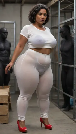 POV Big Cock, ((Mature MILF:1.4)), ((Realistic)), (8k Realistic), 8k High Quality, (Incredibly Detailed), Intricate Masterpiece, (Highly Detailed Skin), (Best Quality RAW Footage), (Highly Detailed RAW Color Footage), 8k UHD High Resolution, (Complex Lighting), realistic, awardwinning, 128K UHD, pi, fBm, sharp focus, (), (1 African American Woman Stands Out Among Men In Warehouse:1.4), Slut, (Realistic Face), (Ultimate Realism), High Detail, Elegant, (25 Year Old White Man:1.4), Beautiful And Sexy Dark-Skinned African American Woman, (Black Skin), (((55 Year Old))), ((Black Skin:1.5)), (ultra black skin girl:1.9), Full Lips, Big Lips, Dark Purple Lips, (((Dark Purple Lips))), Perfect Curvy Body, (Mature Woman:1.8), (Grandma:1.1), Beautiful And Sexy, (Dark-Skinned Woman, (Dark skin:1.5)), ((Long curly black hair)), (BBW:1.8), Fat, Chubby Body, Thick, curvy, big hips, (big hips:1.2), very wide hips, saggy and full C-cup breasts, (flat stomach), thin waist, ((big and thick thighs)), ((saggy and full C-cup breasts:.8)), ((big butt:1.5)), (bulging cameltoe:1.3), detailed face, extremely transparent cloths, Wearing extremely transparent cloths, extremely see through white shirt revealing a purple bra, Wearing extremely see through white Seamless pants trousers revealing a Light Purple big satin full coverage high waist full brief panties, (pantylines), (Stand up straight, legs slightly apart), pantylines, epicpanty, hyperass, ass, (Pantylines:1.4), Wear red high heels, ((looking at the audience)), looking at the audience, (eyes open:2), (disoriented:1.3), (Caught cheating:1.3), (looking surprised:1.5), (looking at the viewer:1.5), excited, aroused, tack sharp, 4k, woman, looking at the camera, warehouse background with shelves, ((view from front)), (full body view:1.5), <lora:melanin-XL:2>