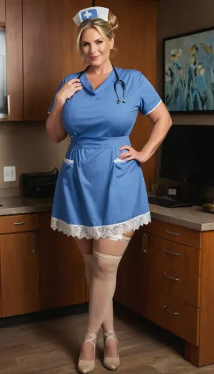 Curvy executive woman, (gigantic breasts, wide hips, thick thighs), Swedish, blonde hair bun, bright blue eyes, 37 years old, (((Set composed of a nurse gown and lace-up stockings))), hourglass figure, long chubby legs, firm thighs, milf body, milf face, wrinkles at eyes, facial age wrinkles, (masterpiece, best quality, realistic, detailed:1.1), slutty, cougar, promiscuous aunty, huge sex drive, slutty smile, high quality, very giant breasts, perfect huge tits, new england, luxury, old money, conservative, hamptons, posh, ivy league, rich, very realistic, best quality, highly detailed, OverallDetail, <lora:milkers_v2:.8>