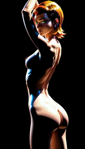 Super realistic photo, 8K quality, realistic anatomy, super detailed skin texture, masterpiece, ass back, stretching, Irving Penn style, nudist female torso study, in competition stance, (shaved pussy), (narrow waist, wide hips), perfect sexy breasts, dramatic rim light from above, sweat glistening on slim body, matte black background, (grainy black and white film), (Kodak Tri-X), high contrast, minimalist composition, shot on Hasselblad, skin texture detailed, supermodel, face, big, lips, handslora, but, gwen, tennyson, (/Ben10), /, (ultra, HD, quality, details), bright, orange, hair, short, (green, eyes), <lora:Beautify-Supermodel-SDXL:.8>, <lora:Hegre-Nude_woman-000001:.8>, <lora:dark:.8>, <lora:BUT_SDXL_SHS:.8>, <lora:Gwen Tennyson (Ben10) - XL SCXL V1.0:.8>