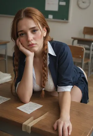 (An insanely hot very busty 21 year old irish student bending over teacher's desk and seducing teacher), ((head resting on desk)), enormous boobs, long ginger braided hair, freckles, school uniform, pleated miniskirt, white panties, school shirt, white bra, ((crying heavily)), ((lots of tears on face)), ((very sad)), ((submissive)), ((begging)), (((view from the back)))