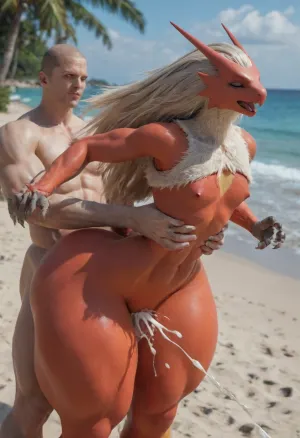 ((anthro female, blaziken from pokemon, finger claws, muscular body, gray hair, long straight hair, large hips, huge ass, massive thighs, flat chest, tuft, tiny waist)), anthrofied, beach, (wide hips), ((orgasm face, cum, carry sex, bent over, male love, faceless human male, male holding waist)), looking at viewer, <lora:add-detail-xl:1.5>