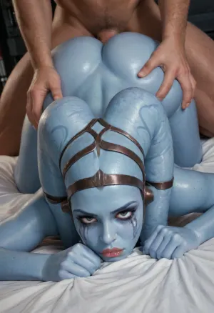Reiq style, (score_9, score_8_up, score_7_up), (((twi’lek blue skin alien from Star Wars))), gorgeous face, (orgasm expression, biting lip, submissive), (hands gripping sheets), (perfect eyes, focus on eyes, face closeup, hair pulling:1.4), huge breasts, fucked from behind, (low angle view, prone pose, arched back, plowcam), (face down, ass up, nice ass, thin, big tits:1.6), night, overexposed, <lora:Rawfully Stylish v0.2_epoch_20:.1>, (((ruined makeup, runny mascara))), (((bimbo)))