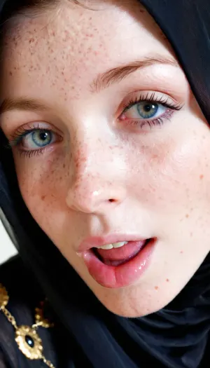 18 years old very sexy pale skin freckled burka girl, eye winking, sweet face, very close shot