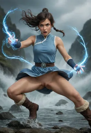 Korra, avatar the last airbender, warry face, shouting, tan-skinned, blue eyes, dark brown hair, hair is shoulder-length, messy bangs, ponytail, slender, thigh gap, sleeveless light-blue Water Tribe-inspired tunic, very tight clothes, covered pointing nipples, fabric belt, (exposed pussy), fingerless gloves, boots, fight pose, wind in hair, wind in clothes, big magic swirl around girl, big glowing magic flows, fantasy, magical powers, magical, magic, spell, element, water, swirls, air, wind, naked pussy, <lora:detailed_notrigger:.8>