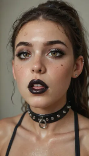 ((30 years old, Tipical italian girl, fit body, fake booobs, perfect cute face, curly very long brown hair in ponytail, brown eyes, light freckles, bimpo lips, skin pores, smooth skin, round ass, hips gap, oiled body)), ((heavy goth makeup, eyeshadow, eyeliner, mascara, black lipstick)), (slave collar), ((nose ring piercing, septum piercing:1.5)), (wearing a black thong), (drooling, wet cock, dripping saliva), chiaroscuro, style, dim, light, bustysophie, <lora:add-detail-xl:1.3>, <lora:polyhedron_chiaroscuro-000005:.8>, <lora:detailed_notrigger:1.2>, <lora:bustysophie_xl_v1.1:1.2>