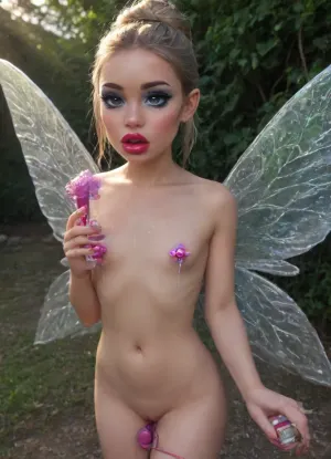 awesome detailing, awesome lighting, nude small petite fairy, detailed blonde hair in messy bun, transparent glittery fairy wings, sparkling eyes, flat chest, (holding a magic vibrator in her hand:1.3), tiny glowing nipples, tiny waist, ((makeup:1.5), long blue eyelashes with eyeliner:1.2), (big lips:1.3), Her body is slightly tilted to the side, one leg is slightly bent at the knee, (purple pussy:1.1), nipple ringsnipple, (purple puffy anus:1.5), (there are, (big anal beads:1.3), sticking out of the anus), nipple ringsnipple slender petite body, slender thin legs, shiny pink tight pussy, purple skin, glowing skin, huge cherry blossoms tree, wild flowers, fireflies, colorful small birds, bush, grass, sunlight, angle from above, (((looking, viewer))), (((splash, pad))), ((spray, water)), ((wet, body)), off, shoulder, see, through, dress, miniskirt, wind, park, trees, fluttering, hair, ribbon, drooling, sweat, shy, blush, open, mouth, moist, skin, underboob, <lora:girllikesplashpad_sdxl:.8>