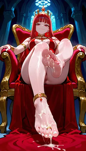 1girl, red mantle, crown, vampire, queen of vampire, toe ring, feet, jewelry, anklet, barefoot, foot focus, pale skin, red hair, red eyes, earrings, sitting, throne, armlet, large ass, bracelet, white skinned female, white nail polish, lines toenail polish, european, brown eyes, blunt bangs, view from below, smug, toe curl, white painted toenails, fetish, teasing, (cum on feet), pov, sitting above viewer, perfect feet, sitting on throne, dominant female, 5 toes each foot, legs spread visible pussy, sweaty asshole, focus on feet, high detail, steamy asshole, looking at viewer, squirting