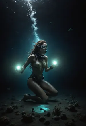 In the depths of the ocean, a breathtaking underwater panorama unfolds. In the foreground, a nude 22 years old skinny deep-sea researcher kneels outside her base station, anchored firmly to the ocean floor. She is collecting much glowing seabed samples, equipped with a breathing mask, yet her body is nude, The scene is set in the darkness of the deep sea, illuminated by powerful spotlights mounted on the research station, casting a cone of light around her. Beyond this illuminated circle, the water is dark and teeming with life, (Glowing deep-sea creatures drift around:1.8), their eerie silhouettes hinting at unseen dangers. Despite the mysterious and potentially perilous environment, the researcher is depicted with remarkable detail, her skin texture, her facial expression, and her hands as she gathers samples, all rendered in high-resolution realism. In the background, the research station appears as a collection of metallic spheres with large, glowing windows, standing out against the dark abyss. Around her, the mysterious and luminous denizens of the deep sea float, adding an element of wonder and suspense. Dramatic lighting from both the station and the diver’s own equipment accentuates the scene, creating a captivating and immersive atmosphere., firm buttocks, ultra-sharp details, realistic skin texture, refined contrast, 8k detail, authentic facial expression, clean composition, (maximum photo quality:1.4), (maximum resolution:1.5), Black, and, white, art, black, pencil, shading, charcoal, drawing, toned, paper, brutal, dark, b/w, color, scheme, highly detailed various background, <lora:Black and white art.V1:.2>, <lora:sea_monster_lora-000003:.9>