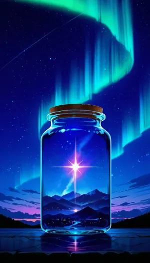 SK_Anime , (score_9, score_8_up, score_7_up), , (northern lights, aurora, colorful night sky), , mason jar