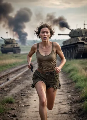 First World War, Frond, tanks, bombed-out landscape. A mature woman in torn clothing, half-naked, her face dirty, running, rifle in her hands.