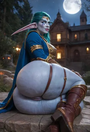 (Realistic Night elf woman, warcraft:1.5), (night elf architecture:1.5), (eversong woods:1.4), (blue long surcoat, gold trim:1.2), (night elf bracers, night elf boots), jeweled armor, moon well with arches, (ornate circlet), ((crecent moon motif armor)), ornate moonwell, night elf outpost, (ceremonial lavender armor with golden trim:1.4), (side sitting:1.4), sitting on side, (ass focused), fat ass, flagstone, (extremely long teal hair), (glowing blue eyes:1.65), blue eyes, (ambient glow:1.2), ((long pointed ears, elongated eyebrows)), (muscular physique:1.4), (blue skin:1.7), ((puffy lips)), (wet lips, shiny lips), (full lips:1.5), (elven face markings:1.2), dynamic pose, magical forest, at night, cool ambient lighting, full moon, dynamic lighting, (square hips:1.6), (huge thighs, dumptruck ass:1.3), tiny waist, ((arched back)), leather buckles, (full body), dipping her bare feet in water, (flat woman chest), (detailed feet, detailed back:1.5), soles of feet visible, night time, moonlight, (intricate shadows:1.4), (realistic image:1.5), (ass cellulite:1.43), NEGATIVE_HANDS, soaking wet ass, thighs, (happy, big smile:1.65), <lora:nsfw-xl-2.0:.8>, multiple straps, (thigh straps:1.3), (leather thigh belt), (partially visible anus), visible vagina, (low angle, view from below), presenting ass, soles of feet