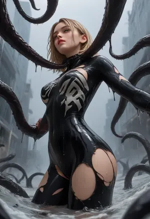 side view, low view, Black Tentacles with hands on the tips everywhere, raining black slime, asymetrical, (Spidergwen covered in black oil, ripped suit, skin disappearing, hands transmuting into tentacles, body is partly turning into Venom, melding together with the black slime, laying down partly submerged in black slime like quicksand), . Black Tentacles rising from the bottom, held down by 4 Black Tentacles, submerging in black slime like quicksand, Black Tentacles grabbing vagina, Black Tentacles grabbing neck, chocking, exstatic, black slime everywhere, pulling her down, she is reaching out, try escaping, lightning, sparks, explosions, metal parts, Venom taking over, head thrown back