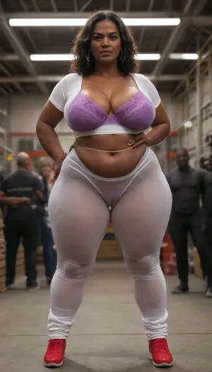POV Big Cock, ((Mature MILF:1.4)), ((Realistic)), (8k Realistic), 8k High Quality, (Incredibly Detailed), Intricate Masterpiece, (Highly Detailed Skin), (Best Quality RAW Footage), (Highly Detailed RAW Color Footage), 8k UHD High Resolution, (Complex Lighting), realistic, awardwinning, 128K UHD, pi, fBm, sharp focus, (), (1 African American Woman Stands Out Among Men In Warehouse:1.4), Slut, (Realistic Face), (Ultimate Realism), High Detail, Elegant, (25 Year Old White Man:1.4), Beautiful And Sexy Dark-Skinned African American Woman, (Black Skin), (((55 Year Old))), ((Black Skin:1.5)), (ultra black skin girl:1.9), Full Lips, Big Lips, Dark Purple Lips, (((Dark Purple Lips))), Perfect Curvy Body, (Mature Woman:1.8), (Grandma:1.1), Beautiful And Sexy, (Dark-Skinned Woman, (Dark skin:1.5)), ((Long curly black hair)), (BBW:1.8), Fat, Chubby Body, Thick, curvy, big hips, (big hips:1.2), very wide hips, saggy and full C-cup breasts, (flat stomach), thin waist, ((big and thick thighs)), ((saggy and full C-cup breasts:.8)), ((big butt:1.5)), (bulging cameltoe:1.3), detailed face, extremely transparent cloths, Wearing extremely transparent cloths, extremely see through white shirt revealing a purple bra, Wearing extremely see through white Seamless pants trousers revealing a Light Purple big satin full coverage high waist full brief panties, (pantylines), (Stand up straight, legs slightly apart), pantylines, epicpanty, hyperass, ass, (Pantylines:1.4), Wear red shoes, ((looking at the audience)), looking at the audience, (eyes open:1.4), (big eyes:1.5), caught in a compromised position, caught in the act, (Very angry:1.5), ((looking at the camera:1.5)), (Look at the audience:1.5), excited, aroused, tack sharp, 4k, woman, warehouse background with shelves, ((view from front)), (full body view:1.5), <lora:melanin-XL:2>