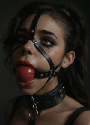 ((30 years old, Tipical italian girl, fit body, fake booobs, perfect cute face, scared, crying, curly very long brown hair in ponytail, brown eyes, light freckles, bimpo lips, skin pores, smooth skin, round ass, hips gap, oiled body)), ((heavy goth makeup, eyeshadow, eyeliner, mascara, red lipstick)), (slave collar), ((nose ring piercing, septum piercing:1.5)), (wearing a black thong), ((face harness gagged mouth:1.5)), ((drooling saliva from mouth, lot of saliva)), in a country apartment, harnessgag, ballgag, <lora:add-detail-xl:1.3>, <lora:detailed_notrigger:1.2>, <lora:dark:.8>, <lora:harnessgag_xl-000003:1.3>, <lora:sdxl_ballgags:1.1>