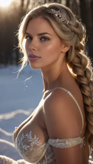 A stunningly detailed photorealistic image of a woman, green eyes, kneeling in the snow looking front, viewed from diagonal front side. long, voluminous, wavy platinum-blonde hair cascading down her back in an elegantly in a thick braid. She is wearing intricate, ornamental silver lingerie with delicate floral patterns that gleam in the sunlight, accentuating her curves., ((focus on large saggy breasts)), illuminated by soft, golden sunlight, creating a warm glow and natural highlights on her skin and hair. The background features a serene, snow-covered landscape, bokeh
