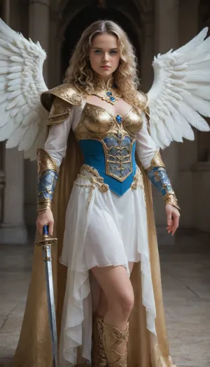 photorealistic, high resolution, professional photography, great detail, nikon, solo, 1girl, fully visible, an Angel in a heavenly city, the angel has big wings, the angel wears armor, the armor pink with gold decorations, golden cape flowing behind her, heeled armor laced up boots, (tits squeezed:.5), she has curly hair, haircolor bright blonde, the angel holds sword in her right hand, decorated sword blade, she has a perfect face, (bright blue eyes:2), determined expression