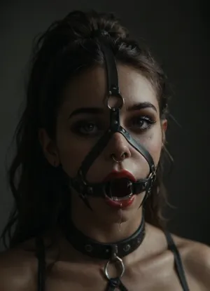 ((30 years old, Tipical italian girl, fit body, fake booobs, perfect cute face, curly very long brown hair in ponytail, brown eyes, light freckles, bimpo lips, skin pores, smooth skin, round ass, hips gap, oiled body)), ((heavy goth makeup, eyeshadow, eyeliner, mascara, red lipstick)), (slave collar), ((nose ring piercing, septum piercing:1.5)), (wearing a black thong), ((face harness gagged mouth:1.5)), ((drooling saliva from mouth, lot of saliva)), in a country apartment, harnessgag, <lora:add-detail-xl:1.3>, <lora:detailed_notrigger:1.2>, <lora:dark:.8>, <lora:harnessgag_xl-000003:1.3>