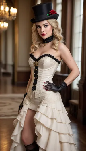 Full view including footwear. A hyper-realistic, ultra-detailed, woman is 28-year-old blonde alluring, fascinating, sexy woman, exuding max seduction, max glam, worldly wisdom, intelligence, and irresistible confidence. She has long, voluminous, golden-blonde curls cascading down her shoulders, with playful strands framing her face, glowing under soft, cinematic lighting. Her makeup is flawless and ultra-glamorous, smoky, sultry eyes with long lashes, a sharp winged liner, and a luscious rosy lip that invites attention. Her skin is porcelain-smooth, radiating a natural, luminous glow with a delicate blush on her cheeks.
She is dressed in an opulent, Victorian-inspired steampunk gown designed for maximum seduction and glamour, a cream-colored corset with intricate black lace and gold button details, cinching her waist dramatically to emphasize her curves. The corset is paired with a voluminous, layered skirt featuring ruffles and delicate embroidery, giving her an air of aristocratic elegance. She wears thigh-high black lace stockings with ornate patterns, and sleek white gloves that reach her elbows, adding to her allure. Her footwear is elegant yet daring, white high-heeled boots with delicate buckles, elongating her legs.
She wears a black top hat adorned with a single black rose, tilted confidently on her head, adding an air of mystery and sophistication. In her right hand, she lightly grips a polished cane, while her left hand rests on her hip, accentuating her posture. Her expression is a perfect blend of mischief, sophistication, and seduction—a knowing, playful smile on her lips, her gaze meeting the viewer’s with an intoxicating mix of confidence and allure.
The setting is a grand, sunlit hallway with high ceilings, ornate molding, and soft, natural light streaming through tall windows, creating a luxurious and timeless atmosphere. The image is ultra-HDR, with cinematic lighting, razor-sharp details, and a rich, vibrant color palette that enhances her glamour, seductive presence, and aristocratic elegance. The composition is balanced and centered, ensuring the full length of her outfit, including the hat and boots, is prominently featured for maximum visual impact and allure.