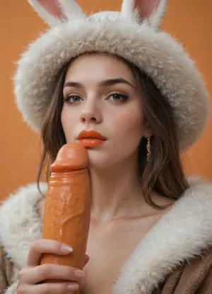 A beautiful 30 year old women wearing a fluffy hat with rabbit ears, orange lipstick, intense orange background, Orange carrot dildos in the background, 1girl