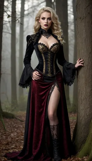 A hyper-realistic, ultra-detailed portrait of a 28-year-old worldly-wise woman, embodying dark gothic glamour and intoxicating erotica. Her striking blonde hair cascades in voluminous waves, framed by the eerie glow of moonlight filtering through skeletal trees. Her porcelain skin is flawless, accentuated by smoky, sultry makeup—deep burgundy lips, smoldering dark eyes, and sharply contoured cheekbones. She wears a decadent, corseted gown of black and gold brocade, the bodice hugging her curves and adorned with intricate lace, embroidered ravens, and glinting onyx jewels. The skirt flows like liquid shadow, revealing hints of lace stockings beneath. Over her shoulders, she drapes a floor-length velvet coat, lined with occult symbols and embroidered with thorny vines, the fabric shimmering with an otherworldly sheen. Her tall, leather thigh-high boots gleam with a wet-look finish, adding a dominatrix edge to her aristocratic allure.
She stands in a mist-laden gothic forest, the air thick with autumn’s decay—crisp brown leaves crunch beneath her boots as fog curls around her ankles. The atmosphere is heavy with mystery, the dim light casting dramatic shadows that accentuate her every curve and the rich textures of her attire. Her gaze is hypnotic, a blend of seduction and danger, her fingers lightly tracing the edge of her coat as if beckoning the viewer into her dark enchantment. The scene is a fusion of erotic tension and gothic romance, with cinematic lighting that highlights the contrast between the velvet darkness and the golden embroidery of her gown. Ultra-HD, 8K resolution, hyper-detailed textures, moody chiaroscuro, and a hauntingly beautiful color palette of deep crimsons, blacks, and antique gold. Evoke the essence of a timeless femme fatale, where luxury meets the macabre, and every detail screams opulent decadence and forbidden desire.