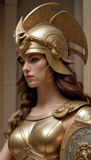 Athena. The Greek goddess of war. A Corinthian helmet with a high crest, a shield covered with goatskin, a shield decorated with the head of the Gorgon Medusa, a spear, J.C., Leyendecker, Style, page, <lora:J.C. Leyendecker Style:.8>