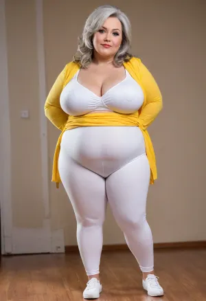 A woman of full figure, (obesity:1.1), well dressed, yellow cardigan, leggings, fashionable hairstyle and makeup., (Vertical hairline from pubic area to navel:1.2), ((white bra)), ((women's leggings:1.4)), ((mature woman of 60 years old with folds of fat and cellulite:1.2)), nendoroid, chibi, <lora:nendoroid_xl_v8:.8>
