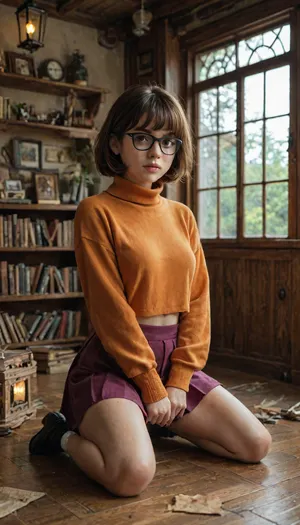 The image is an anime-styled digital illustration depicting a young Velma Dinkley from Scooby Doo, kneeling in a room with dim, ominous lighting. The woman is wearing an orange sweater with long sleeves and a short purple skirt. She's wearing white underwear and she's wearing black shoes. She has short brown hair with a purple ribbon and big brown eyes. She is turned three-quarters to the left and looks over her shoulder at the viewer. The room she's in is filled with books and antique furniture. The large window behind the woman shows a view of the trees outside, and there are signs of recent rain. The room also has an antique lantern that gives off a warm glow, and a spider web in the corner of the room. The overall atmosphere of the image is both playful and creepy., <lora:detailed_notrigger:2>, <lora:add-detail-xl:.8>, <lora:LCMTurboMix_Euler_A_fix:.8>