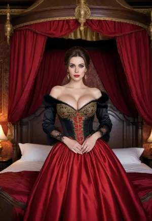 Confident smirking 30 year old, luxurious red silk bedsheets, dark gloomy haunted castle bedroom, nighttime, candlelit, (victorian era noblewoman in black ballgown dress with red and gold embroidery, standing in front of bed), medieval era mansion bedroom, ((wooden canopy bed with red and golden accents bed curtains)), pitch black hair in a hair bun, arms crossed under breasts, many many pillows, embroidered ball gown, hourglass ballgown, wasp waist, white fur shawl, (Hyper breasts, top heavy, overflowing breasts, skin indentation), large, breasts, big, boobs, huge, tits, <lora:bombshell_v2:1.2>