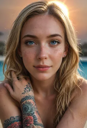 a portrait photo of a sweet young woman in her 20s, (European ethnicity:1.2), (detailed facial features:1.3), (anorexic:1.9), Dutch, natural makeup, slight gentle smile, (intricate mandala tattoo sleeve on left arm:1.2), (sun-kissed long blonde hair swept to the side:1.5), (blue eyes:1.2), wearing small diamond stud earrings, feet visible, really small tits, naked, (very small body), (texture skin visible:1.9), extremely detailed skin, ultra detailed, HDR, intricate details, natural lighting, soft focus, at a pool on a nice day, detailed, eyes, (freckles on face:2), skin, texture, photorealistic, artstation quality, 8k resolution, <lora:Super_Eye_Detailer_By_Stable_Yogi_SDPD0:.9>