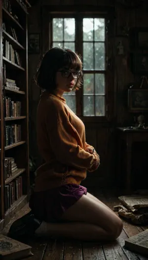 The image is an anime-styled digital illustration depicting a young Velma Dinkley from Scooby Doo, wearing glasses Velma Dinkley from Scooby Doo, kneeling in a room with dim, ominous lighting. The woman is wearing an orange sweater with long sleeves and a short purple skirt. She's wearing white underwear and she's wearing black shoes. She has short brown hair with a purple ribbon and big brown eyes. She is turned three-quarters to the left and looks over her shoulder at the viewer. The room she's in is filled with books and antique furniture. The large window behind the woman shows a view of the trees outside, and there are signs of recent rain. The room also has an antique lantern that gives off a warm glow, and a spider web in the corner of the room. The overall atmosphere of the image is both playful and creepy, rear view, side view, <lora:detailed_notrigger:2>, <lora:add-detail-xl:.8>, <lora:LCMTurboMix_Euler_A_fix:.8>, <lora:dark:.8>, <lora:style_lora_realis:.8>