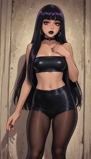((Melkor mancin style)), reiq style, masterpiece, (1woman, 8k resolution, ultra-detailed), (dark skin:1.5), goth makeup, black lipstick, ((very long black hair, fringe)), black tube top, black pantyhose, black fishnet, ratatatat74, <lora:ratatatat74-000050:1.3>, <lora:LCMTurboMix_Euler_A_fix:1.1>, <lora:mk_Bp Anime_xl:1.2>, <lora:焦茶_XL:2>, <lora:AshMilkshake_Illustrious_v1:1.6>