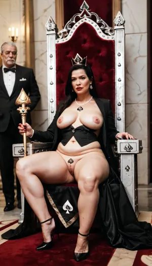 Extremely high-quality, highly detailed, cinematic, 8K, HD photo, MASTERPIECE., (((a throne in the shape of the suit of spades, ♠️, adorned throne))), throne of the queen of hotwives, 35-year-old woman, white skin, MILF, long, straight, loose black hair to her waist, chubby, (((thin waist))), medium breasts, pink areolas, prominent nipples, shaved vagina, soft thighs, sitting on the throne in the suit of spades, holding a scepter and wearing a crown and black high heels.